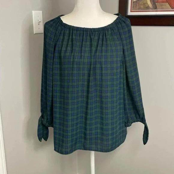 TALBOTS Tartan Popover Blouse Plaid Ruffle Green Black Fall Winter Petite Preppy - Picture 1 of 4